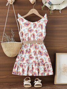 小女童佩斯利印花肩部蝴蝶結荷葉邊洋裝