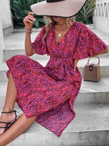 Breezaya Allover Print Butterfly Sleeve Split Thigh Dress - Red - View 3