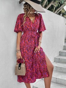 Breezaya Allover Print Butterfly Sleeve Split Thigh Dress - Red - View 4