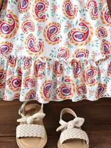 小女童佩斯利印花肩部蝴蝶結荷葉邊洋裝