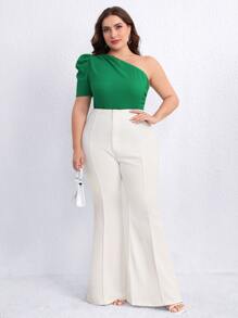 SHEIN Privé 大碼單肩泡泡袖T恤 - 綠色 - 查看 5