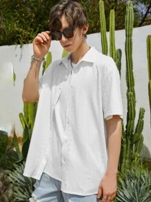 Manfinity Men Solid Eyelet Embroidery Button Up Shirt - White - View 1