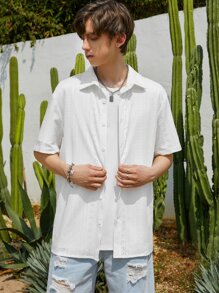 Manfinity Men Solid Eyelet Embroidery Button Up Shirt - White - View 3