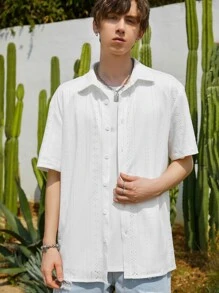 Manfinity Men Solid Eyelet Embroidery Button Up Shirt - White - View 4