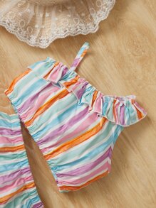 SHEIN 嬰兒條紋圖案不對稱領荷葉邊上衣和裙子 - 彩色 - 查看 3