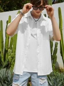 Manfinity Men Solid Eyelet Embroidery Button Up Shirt - White - View 6