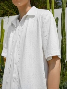 Manfinity Men Solid Eyelet Embroidery Button Up Shirt - White - View 7
