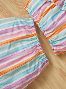 SHEIN 嬰兒條紋圖案不對稱領荷葉邊上衣和裙子 - 彩色 - 查看 4