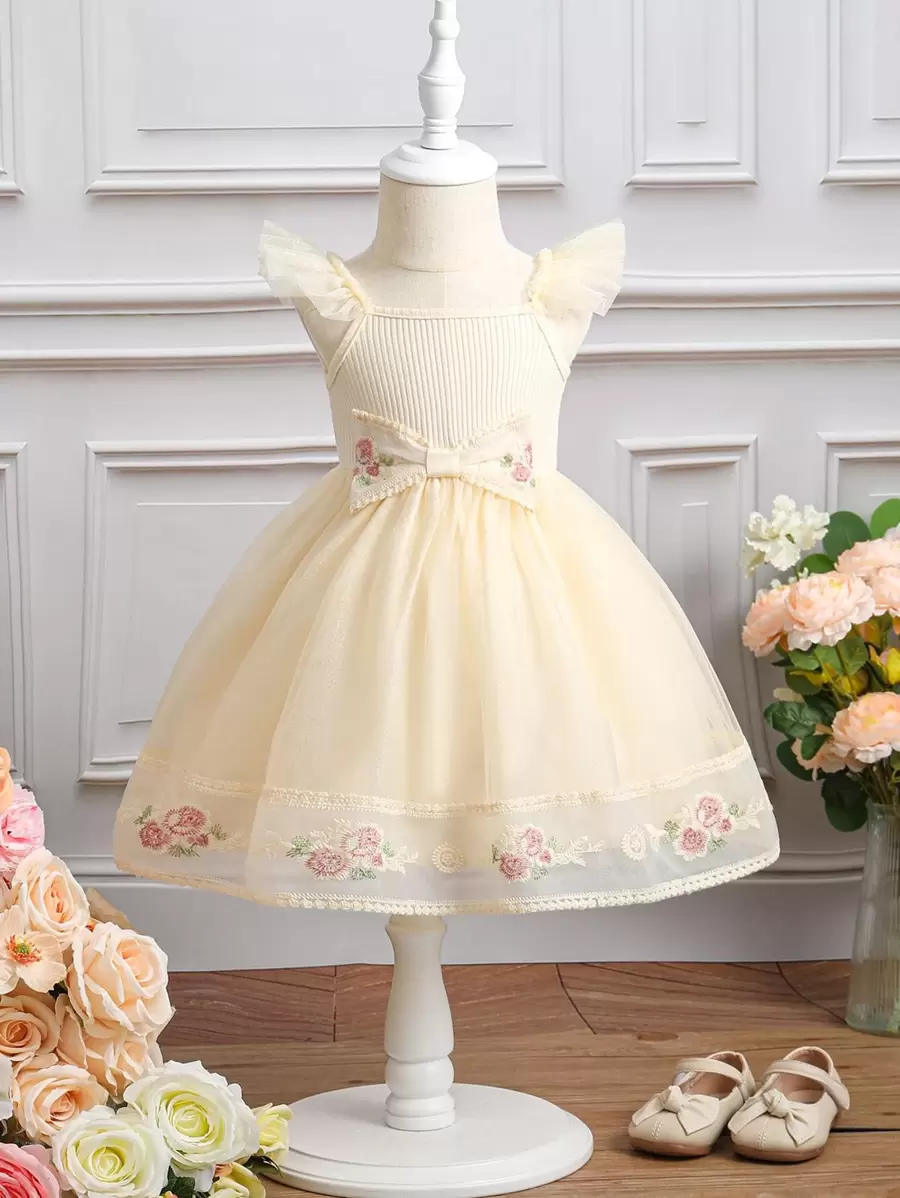 SHEIN Glamorique Kids 嬰兒女孩花繡荷葉邊網紗襯裙洋裝