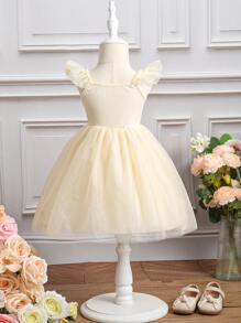 SHEIN Glamorique Kids 嬰兒女孩花繡荷葉邊網紗襯裙洋裝