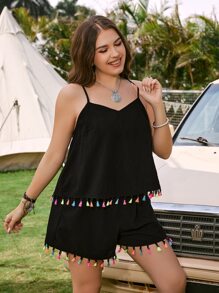 SHEIN VCAY Plus Tassel Trim Cami Top & Shorts - Black - View 2