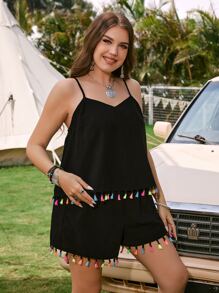 SHEIN VCAY Plus Tassel Trim Cami Top & Shorts - Black - View 3