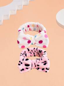 2pcs Bow Decor Bath Headband, Modern Polka Dot Print Polyester Facial Makeup Headband For Bathroom, Travel - Grey - View 1