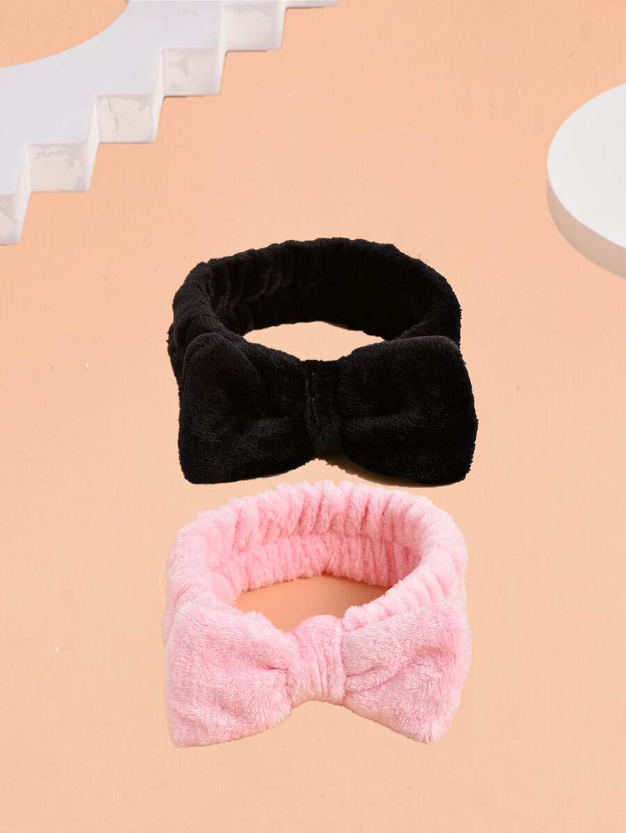 2pcs/set Bow Decor Bath Headband, Simple Plain Color Polyester Facial Makeup Headband For Bathroom, Travel - Pink - View 1
