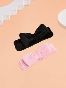 2pcs/set Bow Decor Bath Headband, Simple Plain Color Polyester Facial Makeup Headband For Bathroom, Travel - Pink - View 3