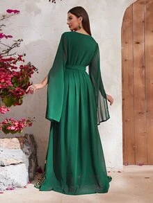 YISIKADO 燙金花朵貼花開衩袖腰帶雪紡連衣裙 - 墨綠色 - 查看 3