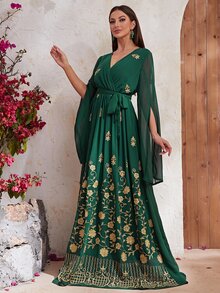 YISIKADO 燙金花朵貼花開衩袖腰帶雪紡連衣裙 - 墨綠色 - 查看 5