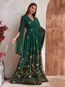 YISIKADO 燙金花朵貼花開衩袖腰帶雪紡連衣裙 - 墨綠色 - 查看 7