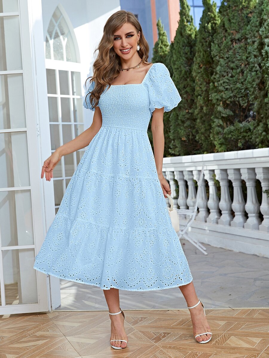 Simplee Đầm Viên lá sen Dải chun Tranh thêu màu trơn Boho - Màu xanh nhạt - Xem 1