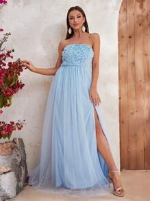 YISIKADO Split Thigh Mesh Tube Dress - Baby Blue - View 2