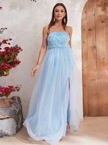 YISIKADO Split Thigh Mesh Tube Dress - Baby Blue - View 4