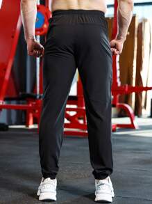 Manfinity Fitness Men Drawstring Waist Letter Graphic Sports Trousers - Black - View 2