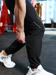 Manfinity Fitness Men Drawstring Waist Letter Graphic Sports Trousers - Black - View 4