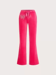 SHEIN ICON Rhinestone Drawstring Waist Velvet Flare Leg Trousers - Hot Pink - View 1