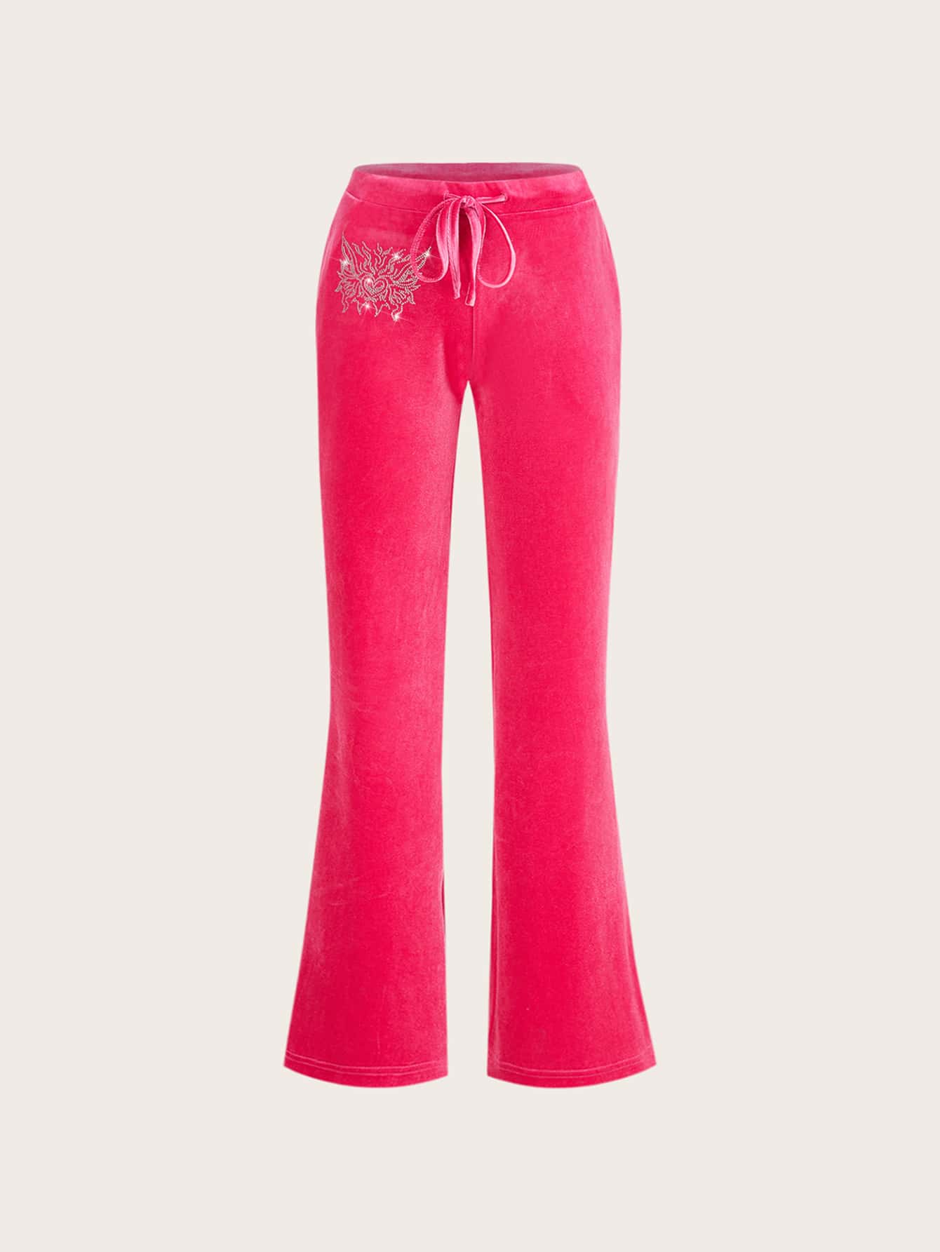 SHEIN ICON Rhinestone Drawstring Waist Velvet Flare Leg Trousers - Hot Pink - View 1