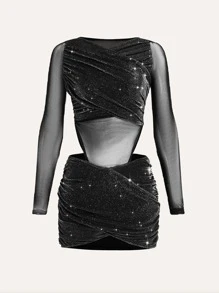 SHEIN ICON Contrast Mesh Cut Out Waist Ruched Tulip Hem Glitter Bodycon Dress