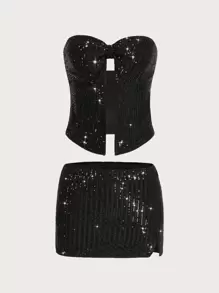 SHEIN ICON Split Hem Sequin Tube Top & Bodycon Skirt - Black - View 1