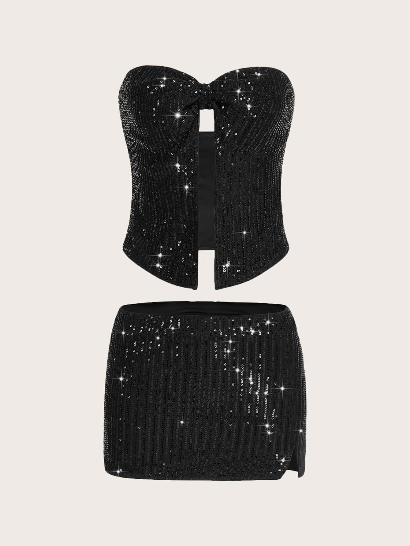 SHEIN ICON Split Hem Sequin Tube Top & Bodycon Skirt - Black - View 1