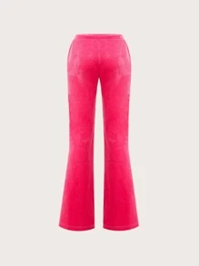 SHEIN ICON Rhinestone Drawstring Waist Velvet Flare Leg Trousers - Hot Pink - View 2