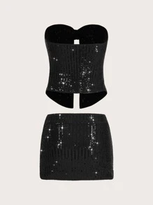 SHEIN ICON Split Hem Sequin Tube Top & Bodycon Skirt - Black - View 2