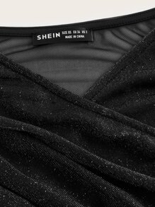 SHEIN ICON Contrast Mesh Cut Out Waist Ruched Tulip Hem Glitter Bodycon Dress