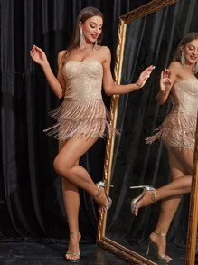 YISIKADO 流蘇下擺亮片抹胸連體短褲 - 香檳色 - 查看 3