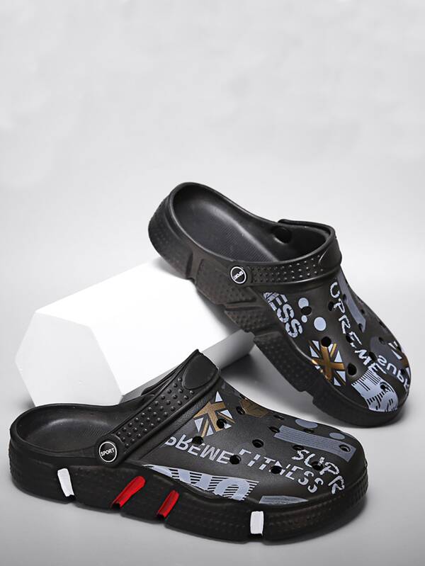 Men Letter Graphic Hollow Out Multiway Wear Vented Clogs, Casual