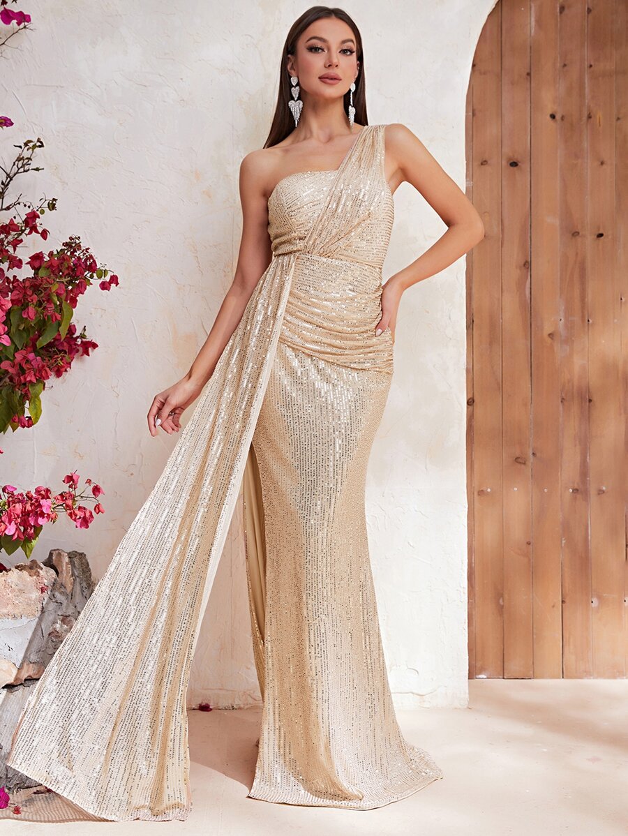 YISIKADO One Shoulder Draped Sequin Formal Dress - Champagne - View 1