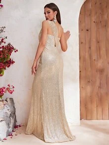 YISIKADO One Shoulder Draped Sequin Formal Dress - Champagne - View 2