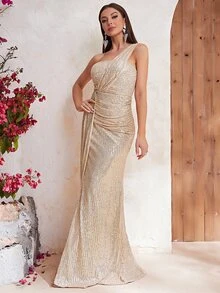 YISIKADO One Shoulder Draped Sequin Formal Dress - Champagne - View 3