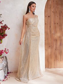 YISIKADO One Shoulder Draped Sequin Formal Dress - Champagne - View 4