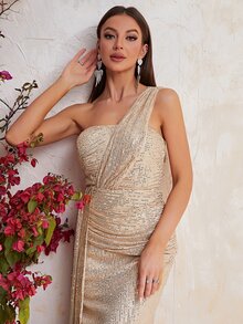 YISIKADO One Shoulder Draped Sequin Formal Dress - Champagne - View 5