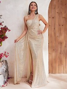 YISIKADO One Shoulder Draped Sequin Formal Dress - Champagne - View 6