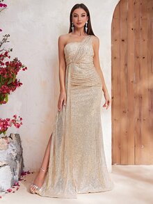 YISIKADO One Shoulder Draped Sequin Formal Dress - Champagne - View 7