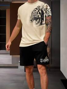 Manfinity LEGND Men Tiger & Letter Graphic Casual Short Sleeve Tee & Drawstring Waist Shorts, Boyfriend Gift - Multicolor - View 1