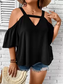 SHEIN VCAY Blusa de hombros descubiertos con abertura - Negro - Ver 1
