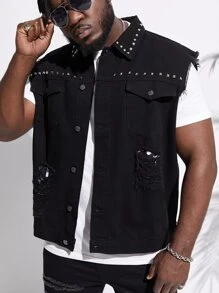 GENTILAND Men Plus Studded Detail Ripped Frayed Flap Pocket Vest Denim Jacket - Black - View 1