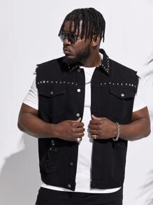 GENTILAND Men Plus Studded Detail Ripped Frayed Flap Pocket Vest Denim Jacket - Black - View 3