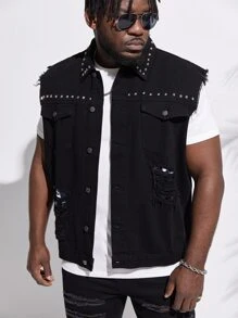 GENTILAND Men Plus Studded Detail Ripped Frayed Flap Pocket Vest Denim Jacket - Black - View 4
