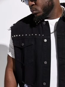 GENTILAND Men Plus Studded Detail Ripped Frayed Flap Pocket Vest Denim Jacket - Black - View 5